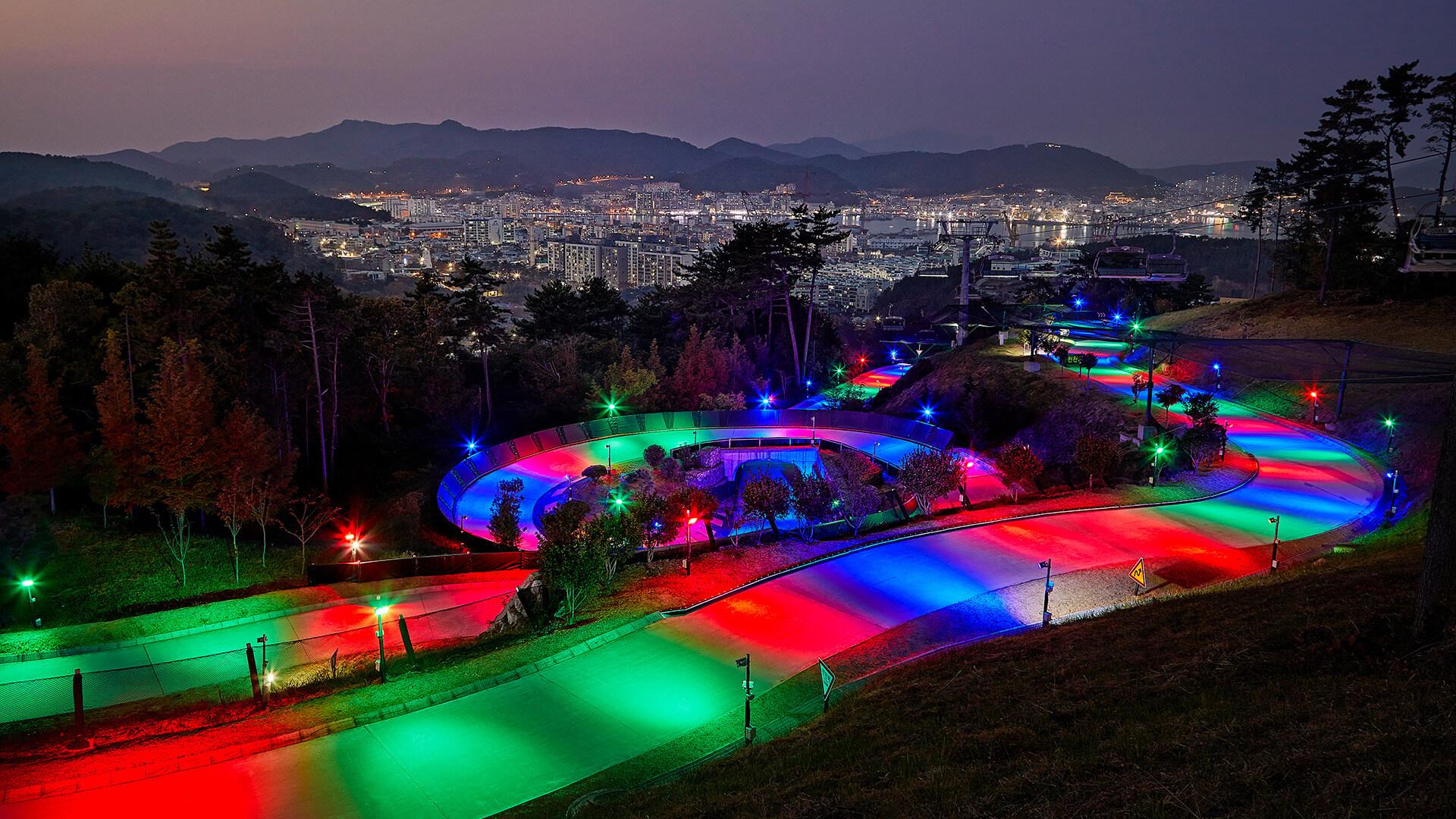 An overview of the multicoloured tracks on offer at Night Luge.