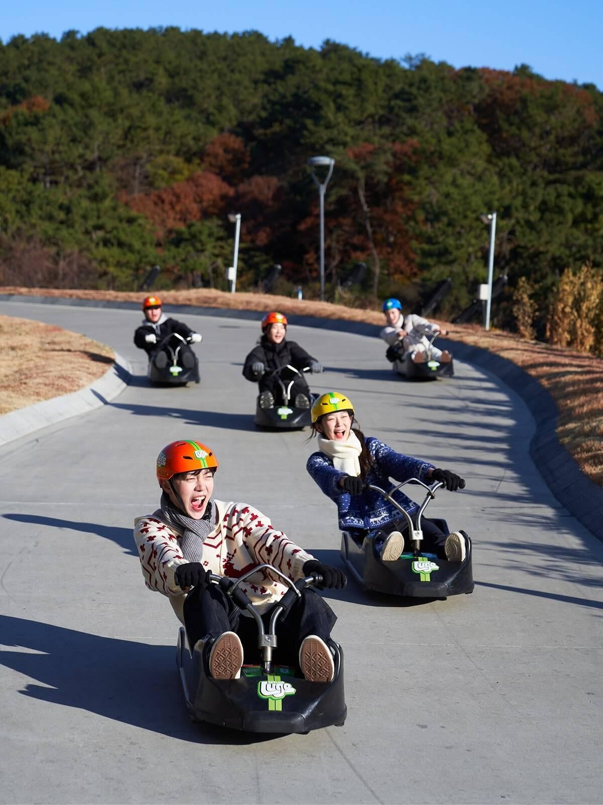 A group of people scream with excitement as they corner on the Luge track.